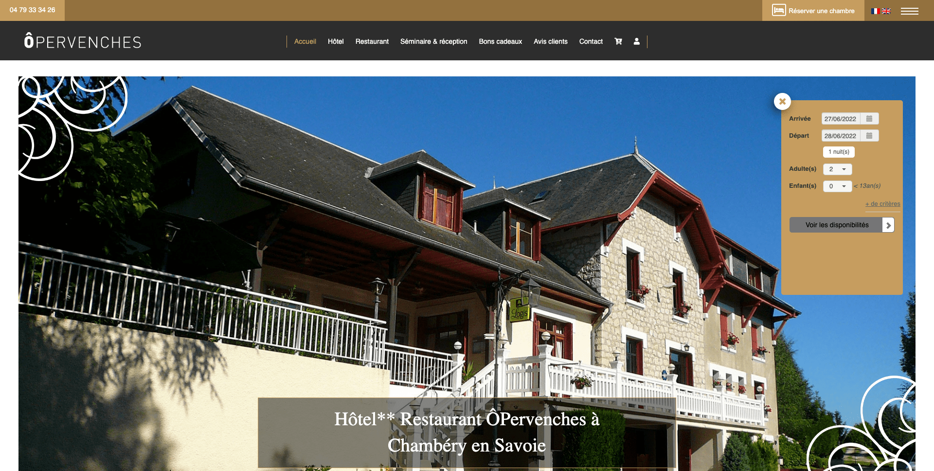 Site web ÔPervenches hotel/Restaurant à chambéry
